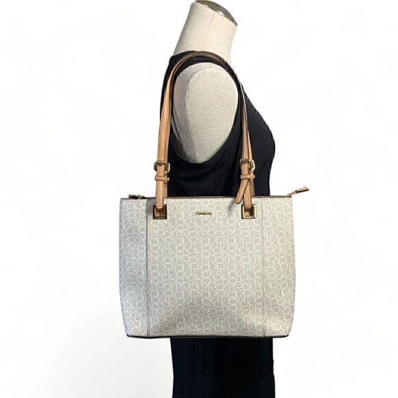 Calvin Klein Signature Satchel H8ABJ6UW Vegan Leather White/Tan Gold Hardware - Picture 2 of 13